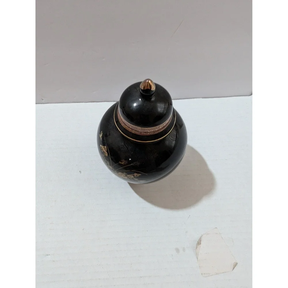 Vintage Japanese Black Ginger Jar with Lid Gold Floral Bird Design 7 Inch
